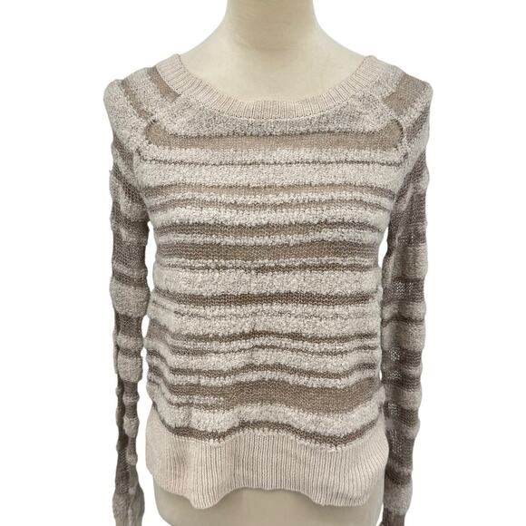 BCBGeneration NWT Risa Wool Blend Neutral Tan Open Knit Boucle Stripe Sweater - Picture 8 of 13